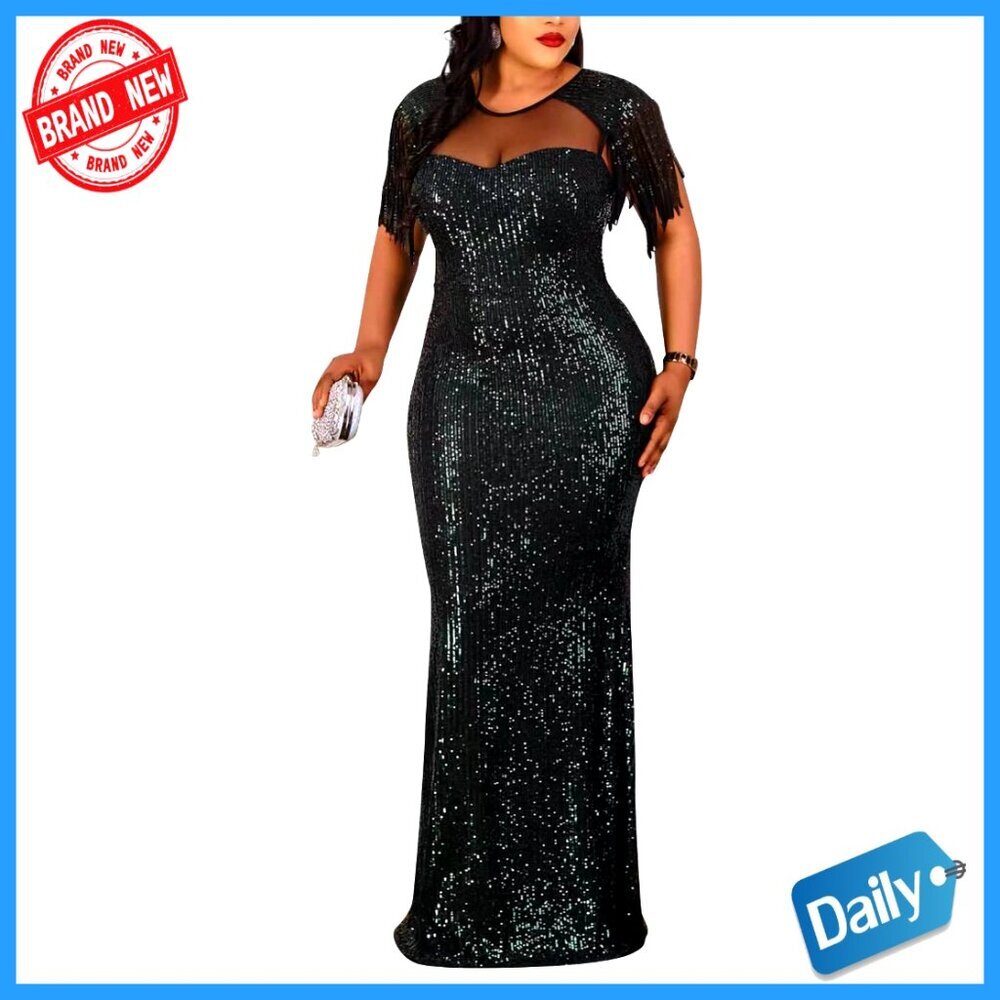 Sequin Tassel Mesh Bodycon Maxi Dress Elegant Formal Party Night Club